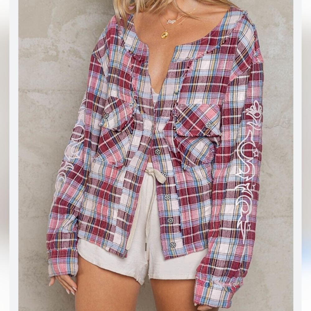 POL Plaid Button Down Embroidered Long Sleeve Top